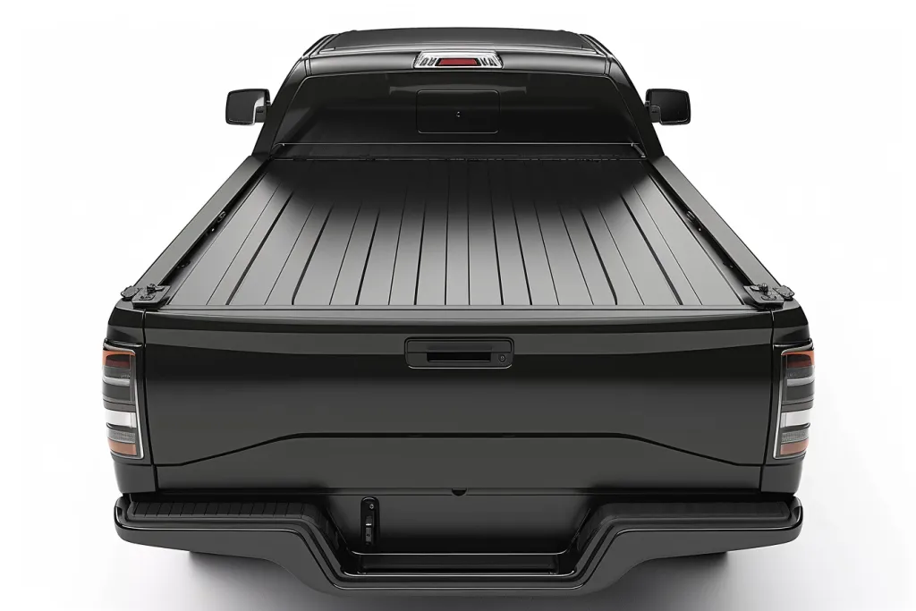 a black truck bed cover with the top open and white background