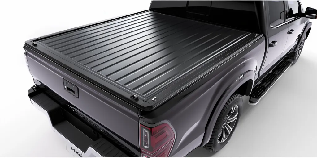a black truck bed cover with the top open on white background