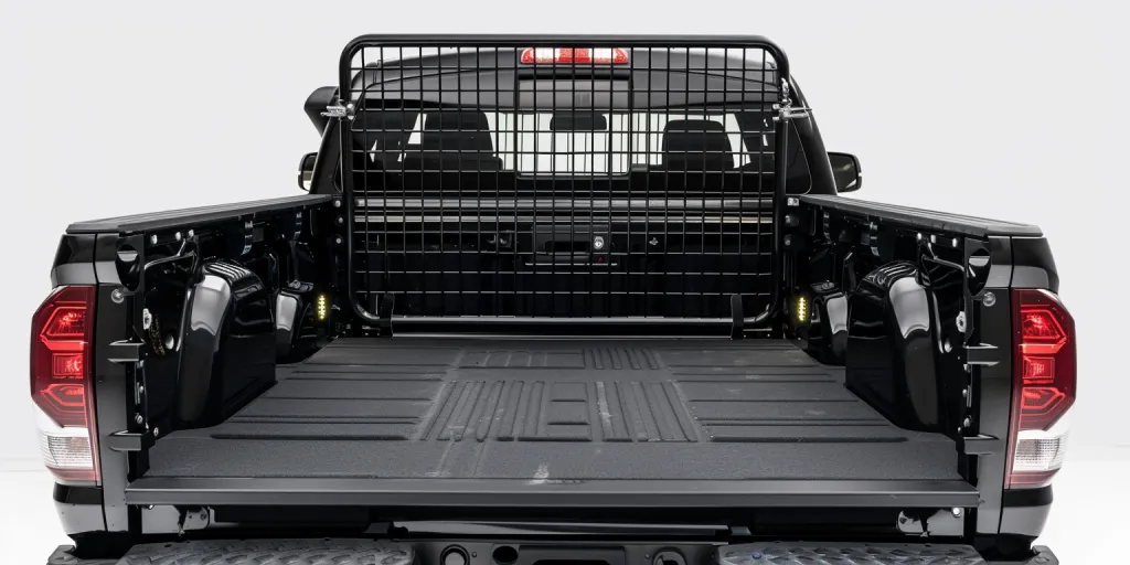 a black wire mesh headache rack with light bar for the back truck bed