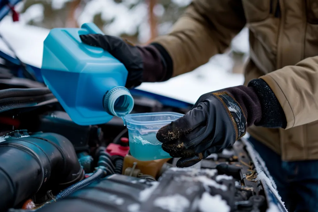 a blue anti-freeze liquid into the front windshield wiper reservoir of car