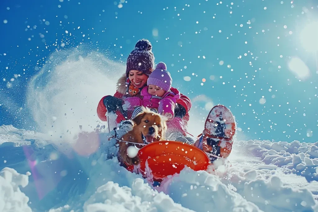 a family sledding down hill with their dog