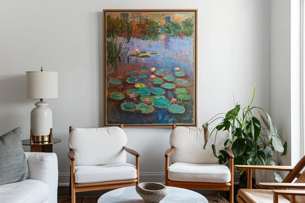 a framed painting hanging on the wall of an apartment