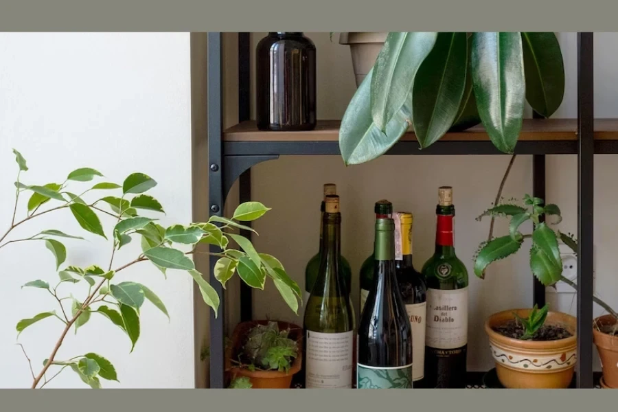 a home bar with green potted plants 