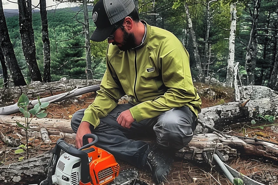 a man in the wood resting with chainsaw on the ground