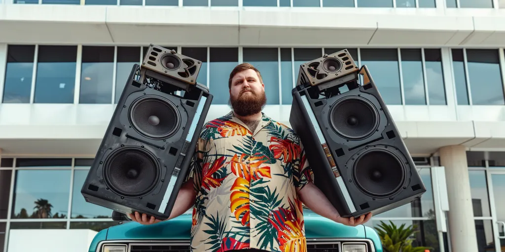 a man wearing a Hawaiian shirt and holding two large subwoofers