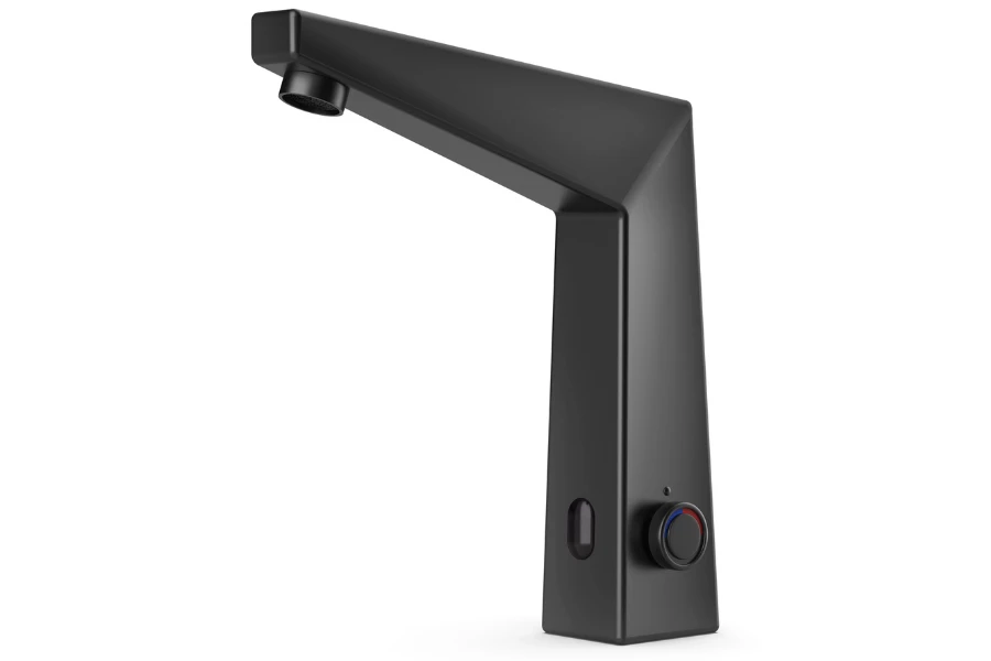 A matte black touchless faucet on a white background