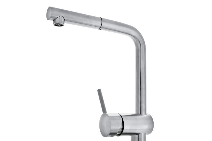 A modern single-handle faucet on a white background