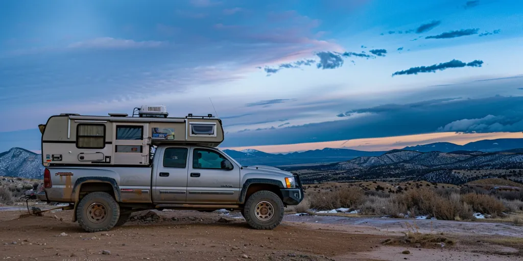 a photo of an off road truck with a small camper on the back