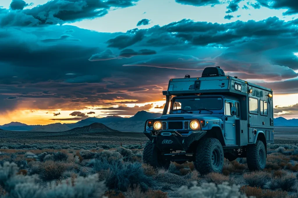 a photo of an off road truck with small camper on the back