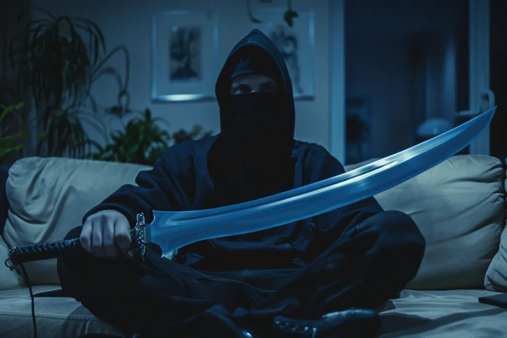 a photo of man in black hoodie and balaclava sitting on the couch