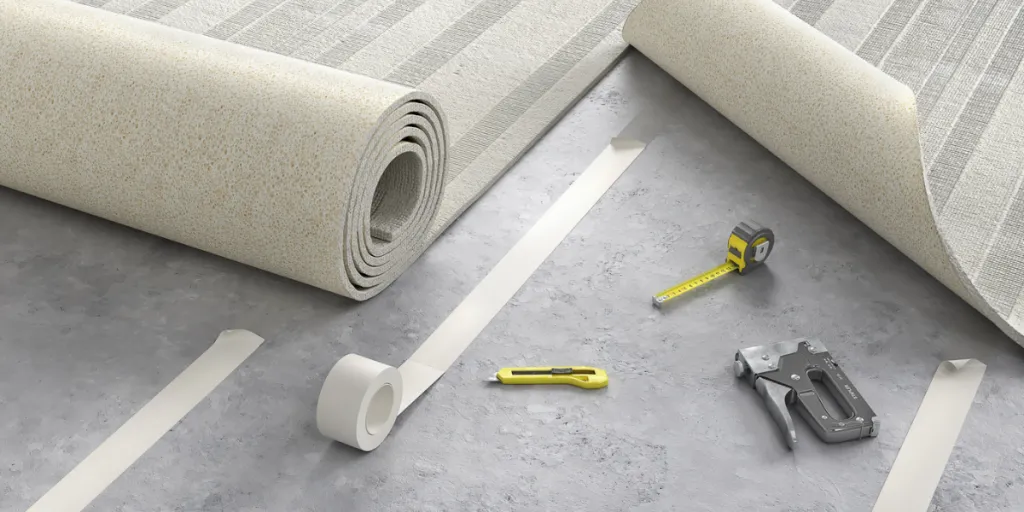 A rolled up carpet laying next to installation tools