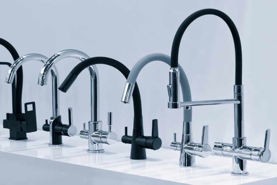 A row of different faucet styles and heights
