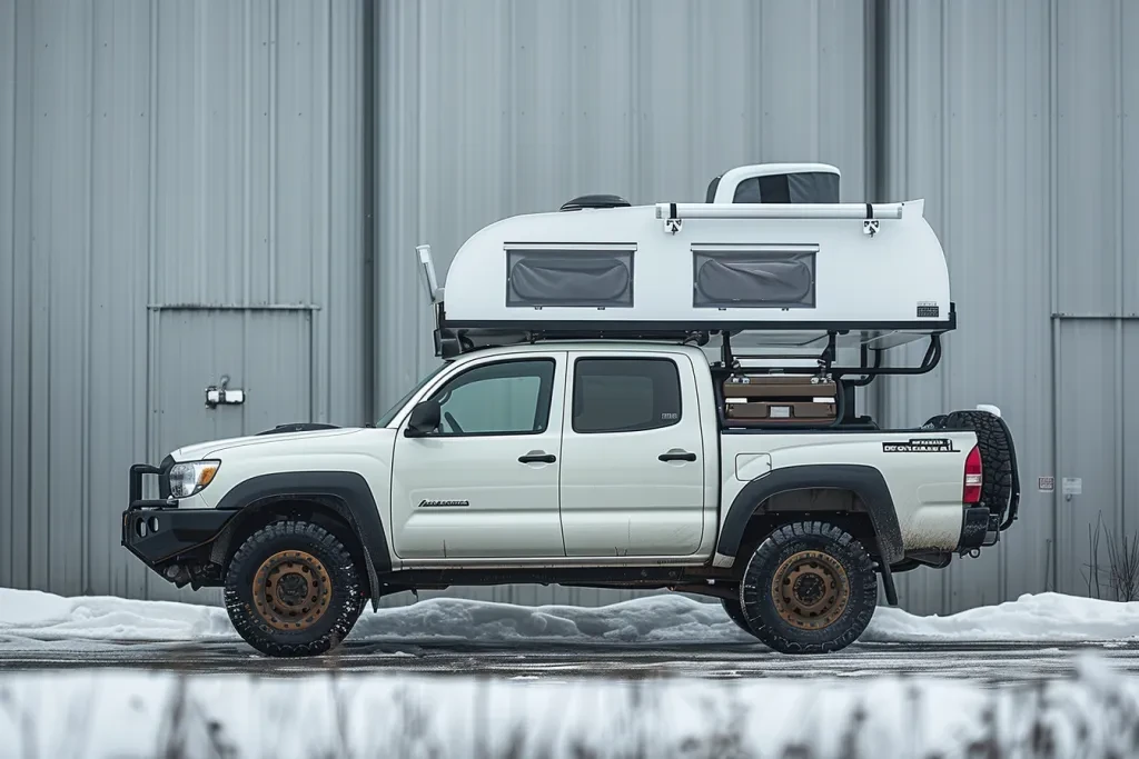 a small camper shell on the truck parked in front of the metal building