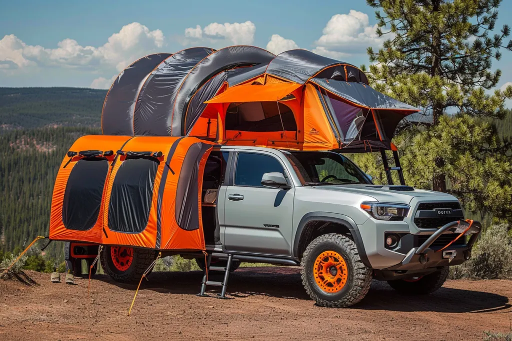 a tent that is attached to the roof of an SUV with orange and gray colors