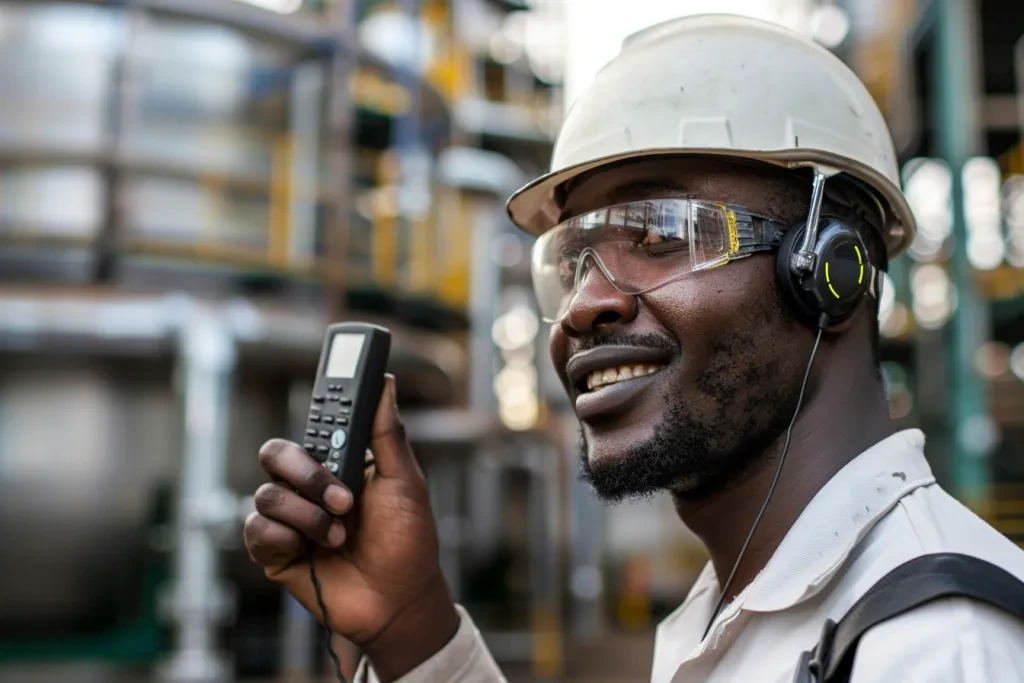 a white helmet and shirt is holding a walkie talkie in hand with an industrial background.