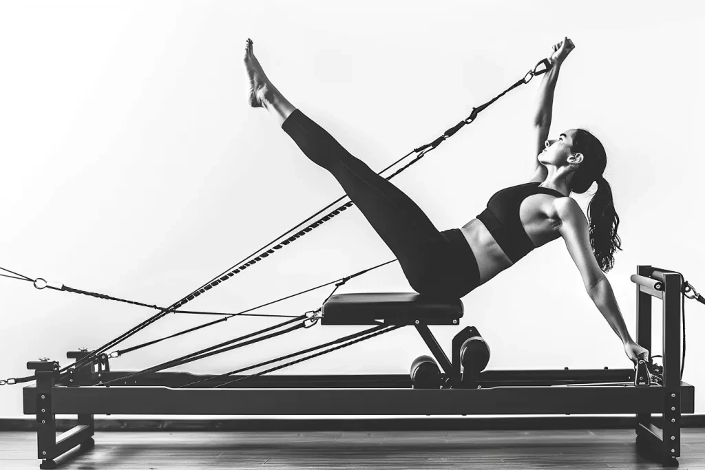 a woman doing pilates reformer