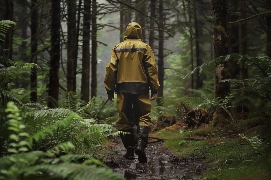 a worker walking in the rainy wood with rain suit on 