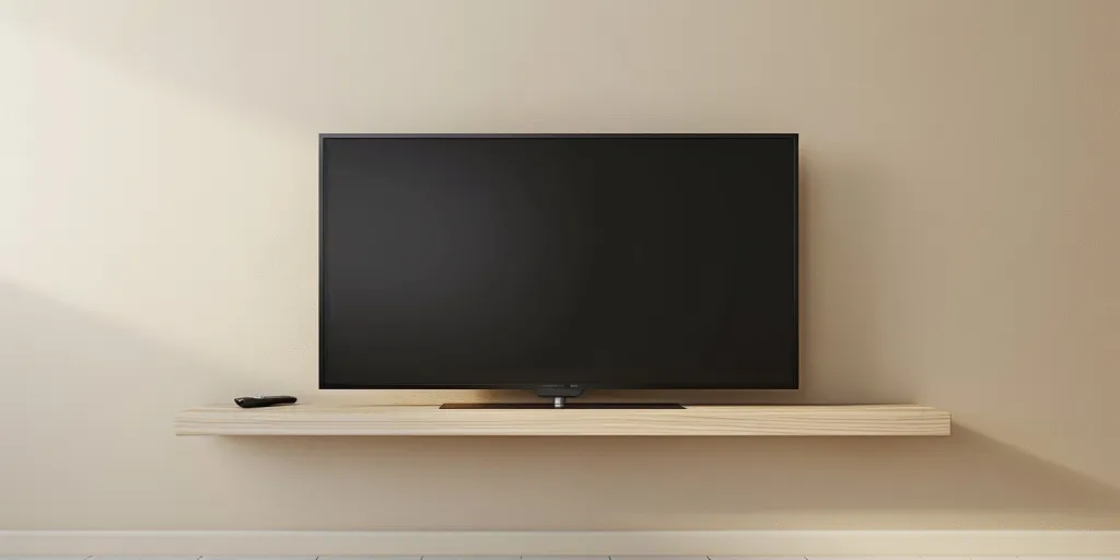32 inch flat screen TV with remote on wooden shelf