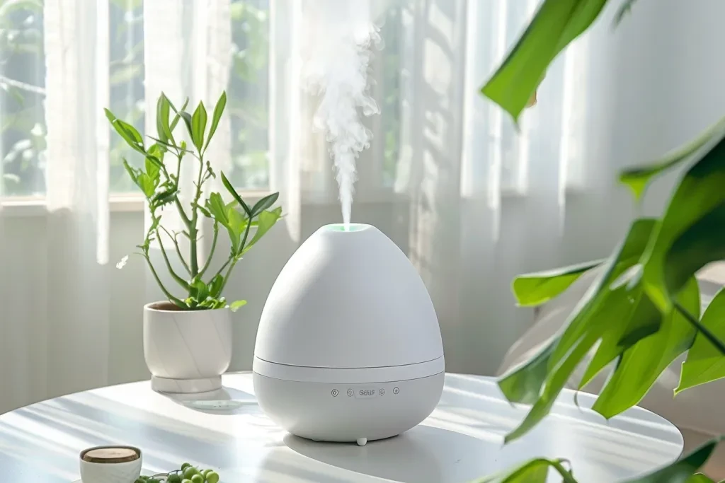 a humidifier white body with a water drop shaped head
