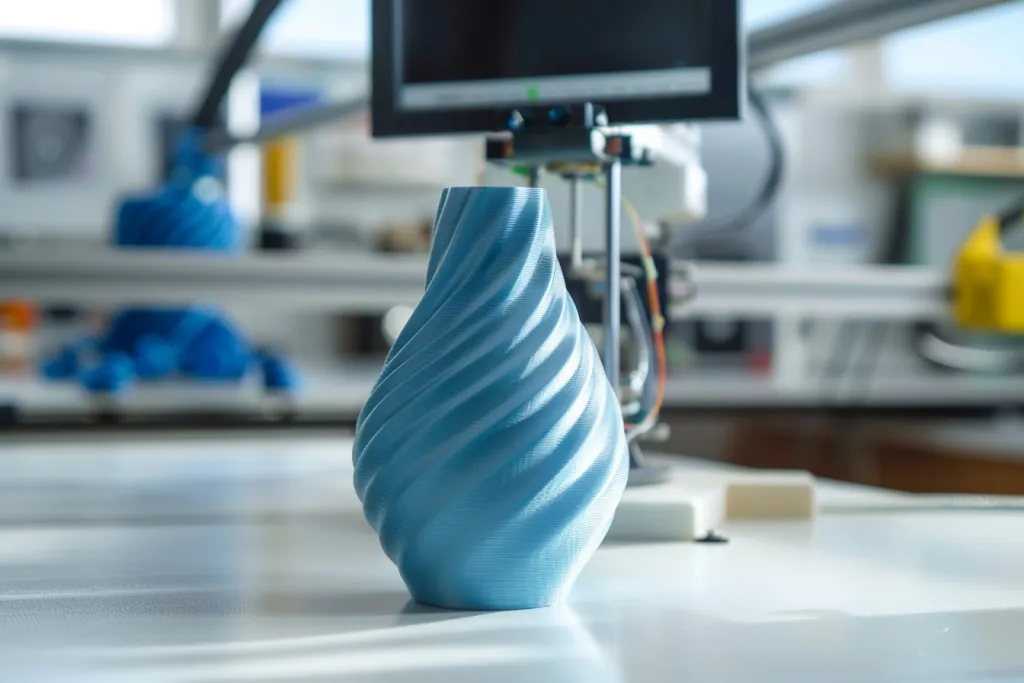 3D printer printing a blue spiral vase on a white table
