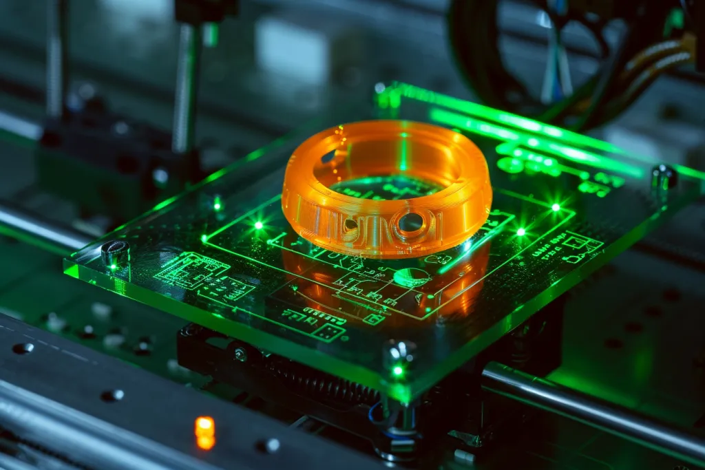 3D printer printing the plastic ring with green light on top of it
