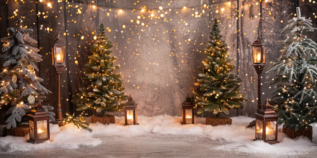 A Christmas themed photography backdrop with two tall green pine trees