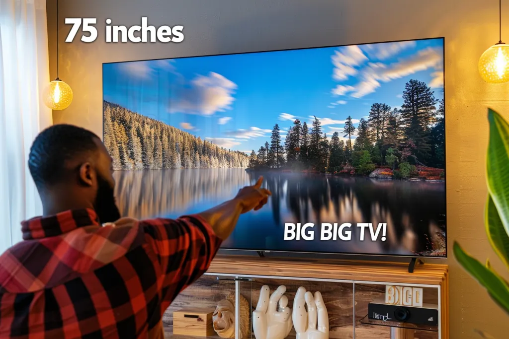 A big TV on the wall with an African American man pointing at it