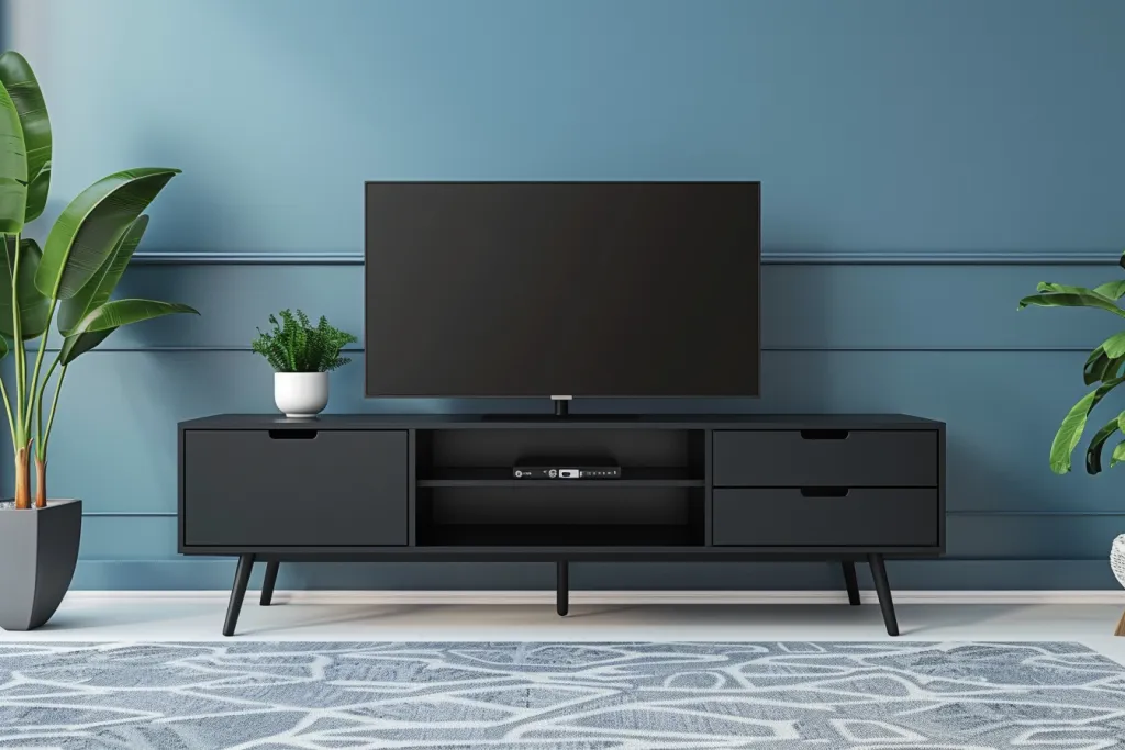 A black TV stand with two drawers on the right side