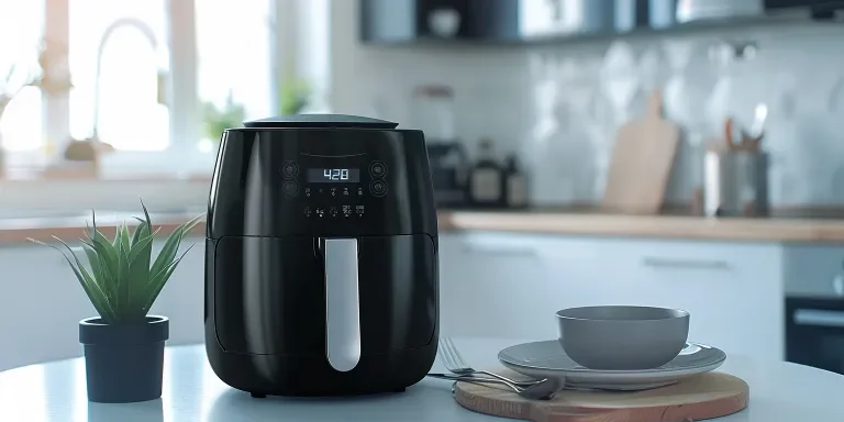 A black air fryer sitting on top of an empty white table