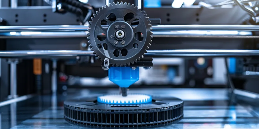 A black and blue spool of thread is being printed on the 3D printer