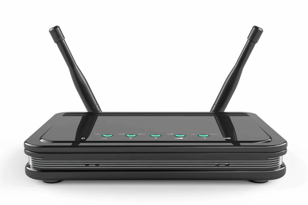 A black home router with two antennas