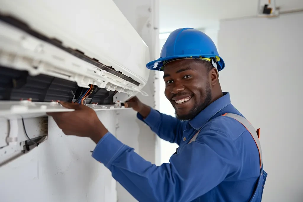 A black male technician wearing blue overalls and a hard hat