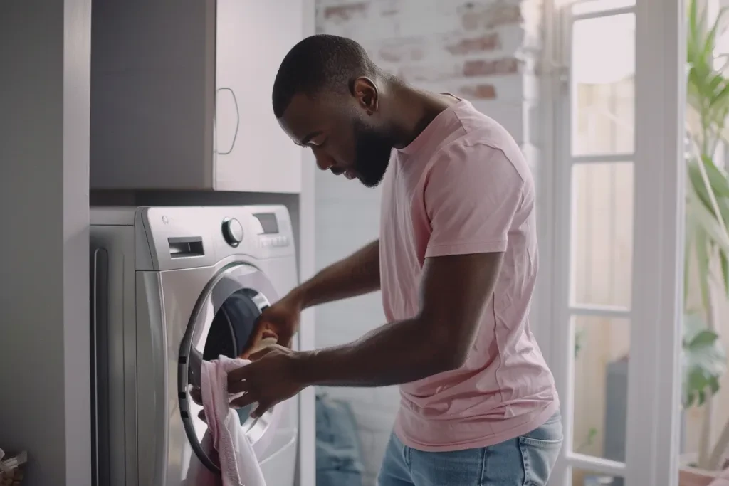 A black man wearing a pink shirt and jeans doing laundry in his home
