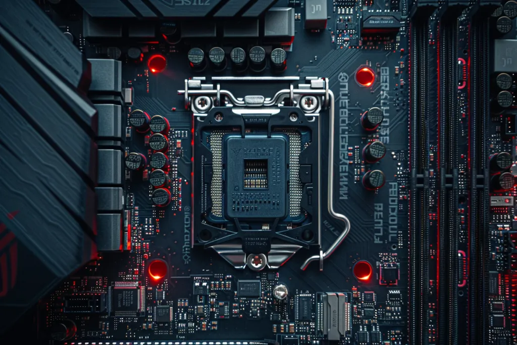 A black motherboard with a central square