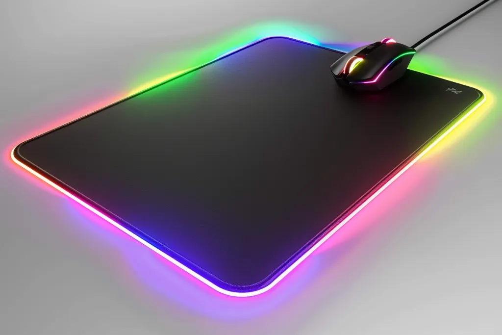 A black mouse pad with LED lights on the edges