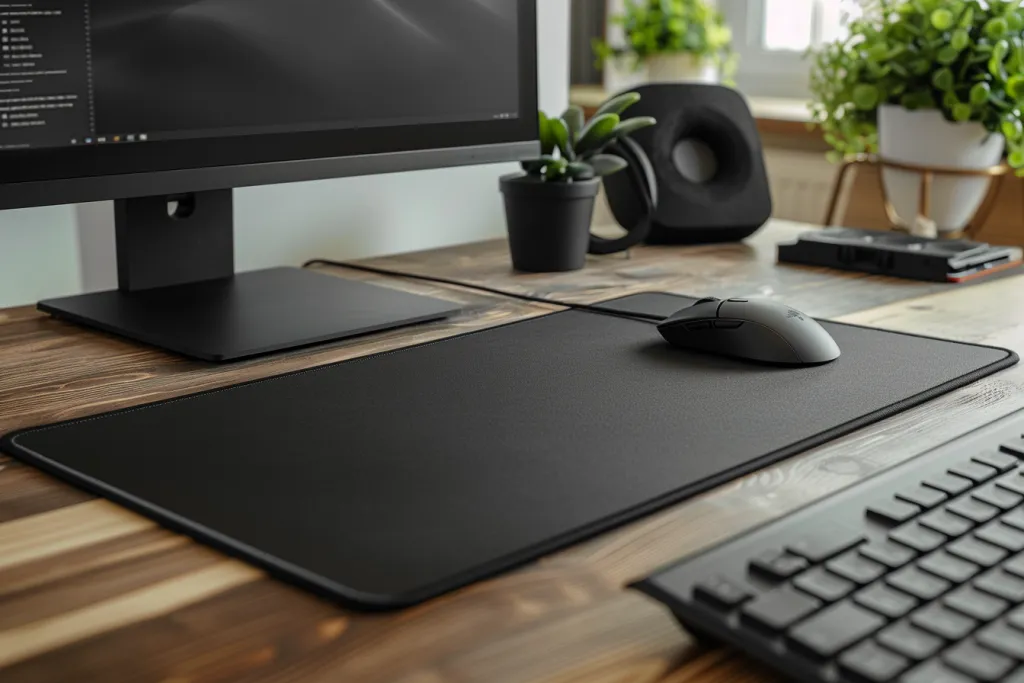 A black mouse pad with a smooth texture and no wrinkles sits on the desk