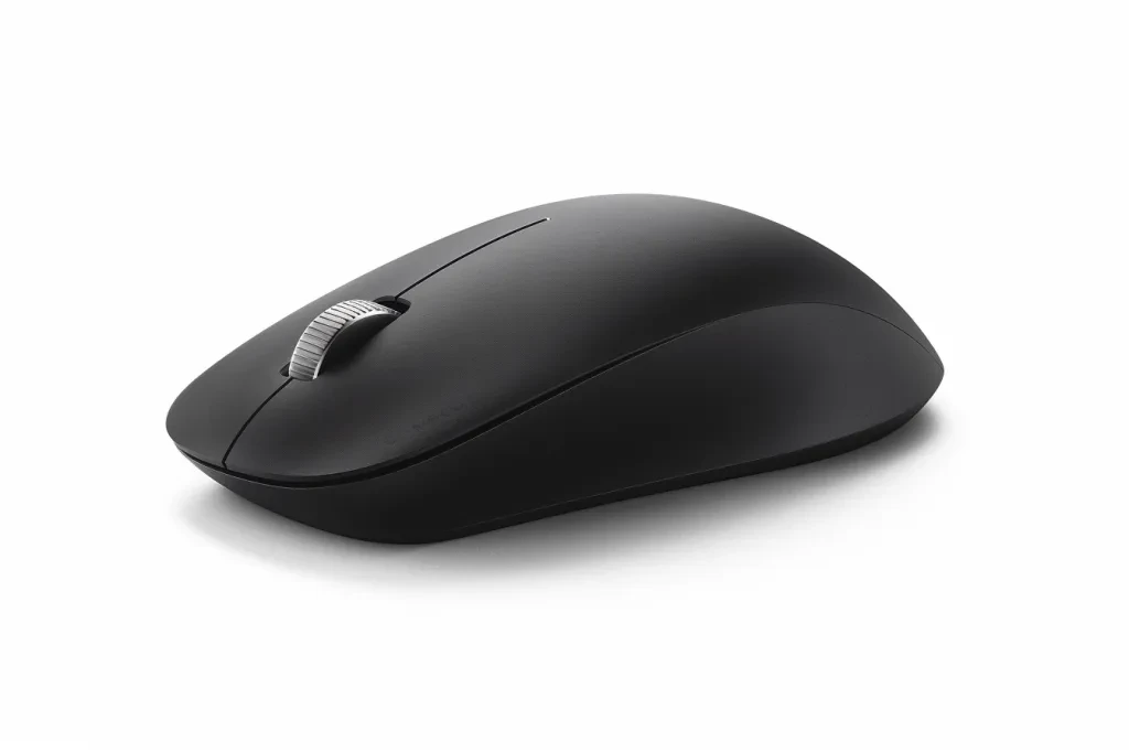 A black mouse with an elongated body and smooth edges