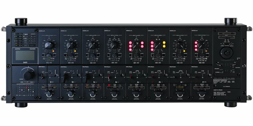A black multi-effect rack features digital filters for audio sound