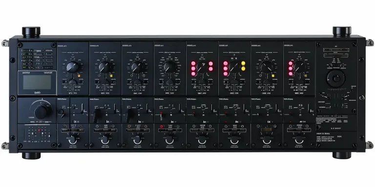 A black multi-effect rack features digital filters for audio sound