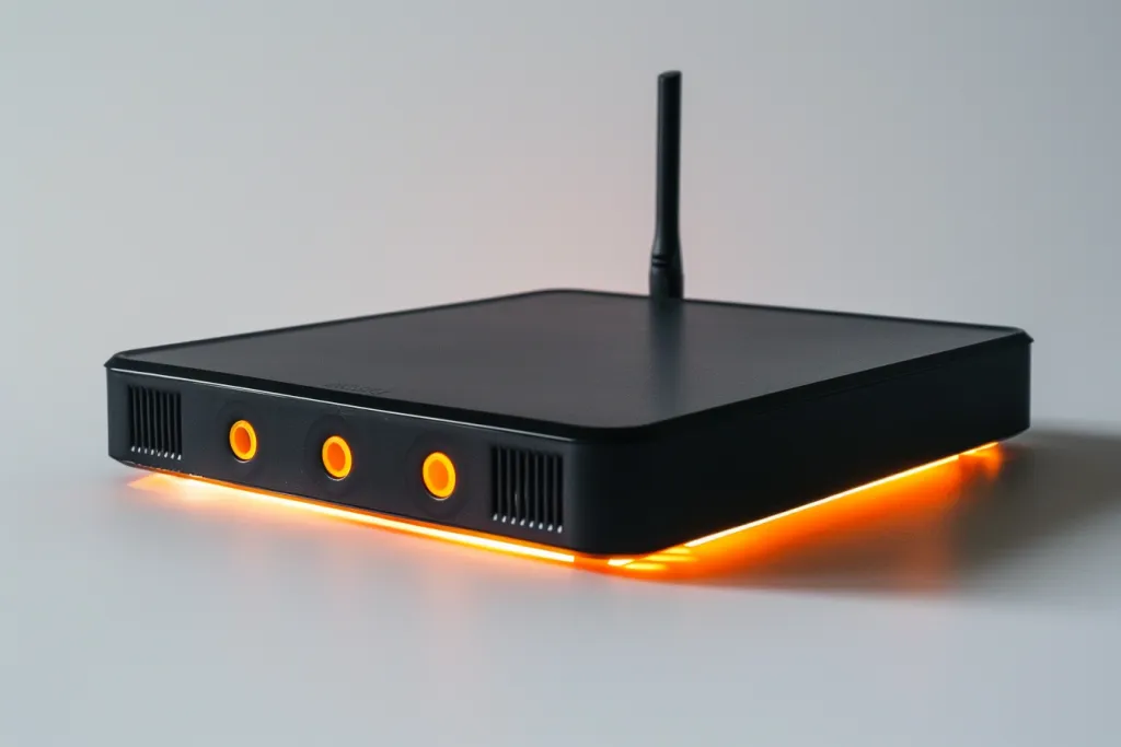 A black plastic box wireless router with two antennas and four orange light
