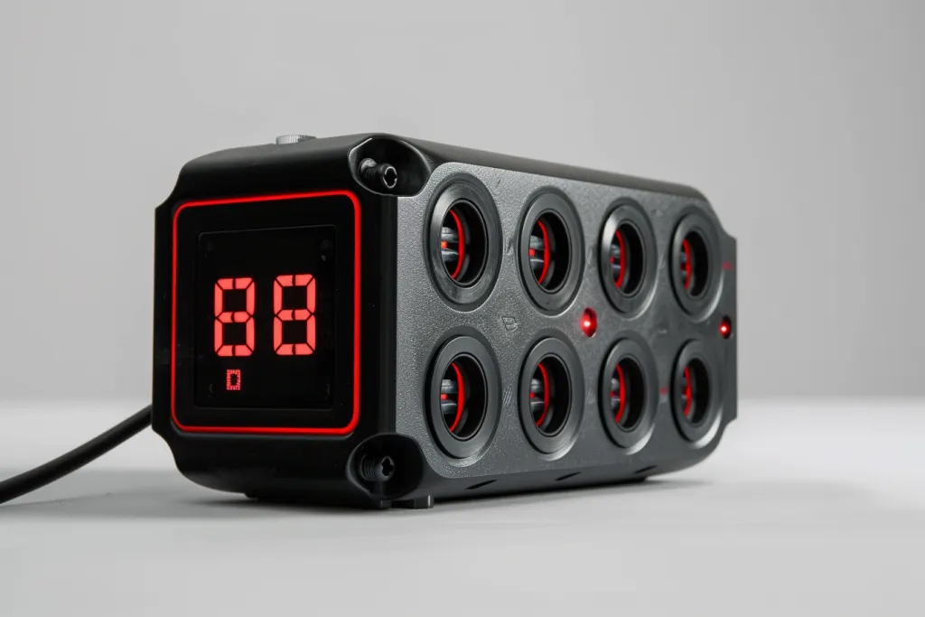 A black plastic soundQub with red numbers