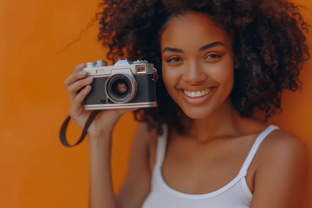A black woman smiling and holding up her camera