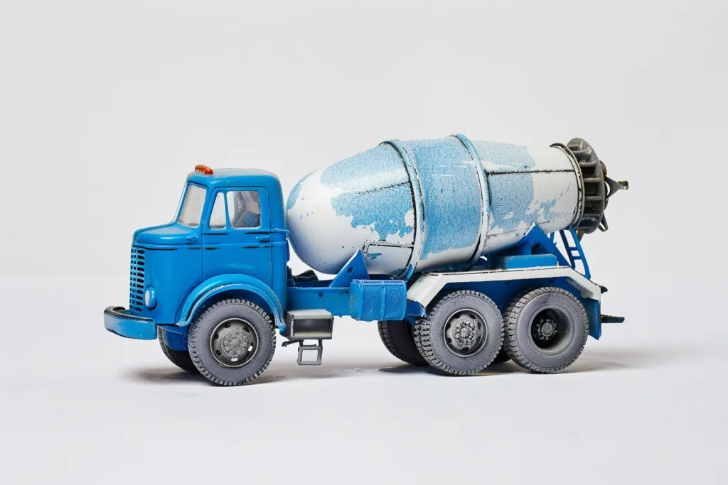 A blue and white cement truck with gray wheels