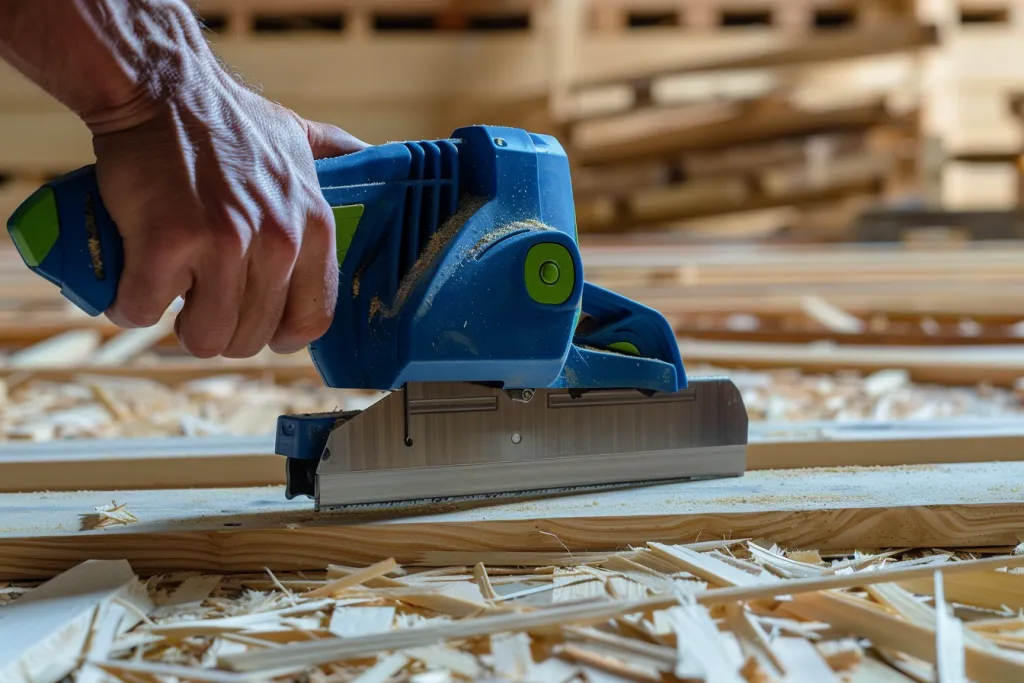 A blue electric planer is used to plane the wooden surface