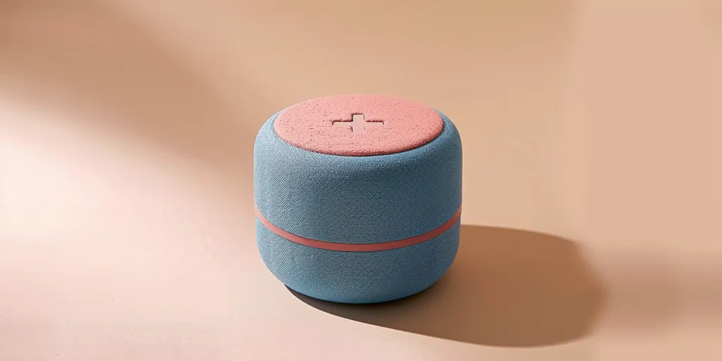 A blue small speaker with a pink cross on it
