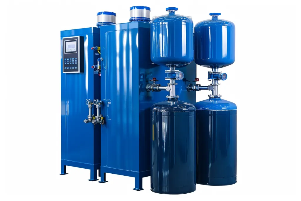 A blue water filter machine with two large tanks