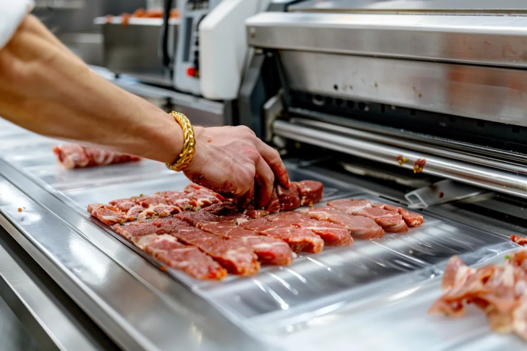 A butcher's hand is turning meat on an electric slicing machine