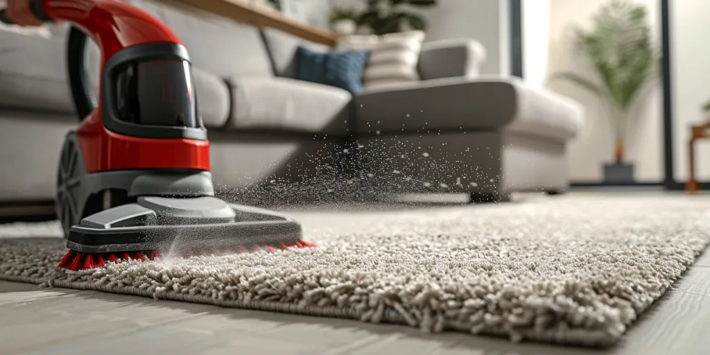 A carpet cleaner cleaning the white rug in front of a grey sofa