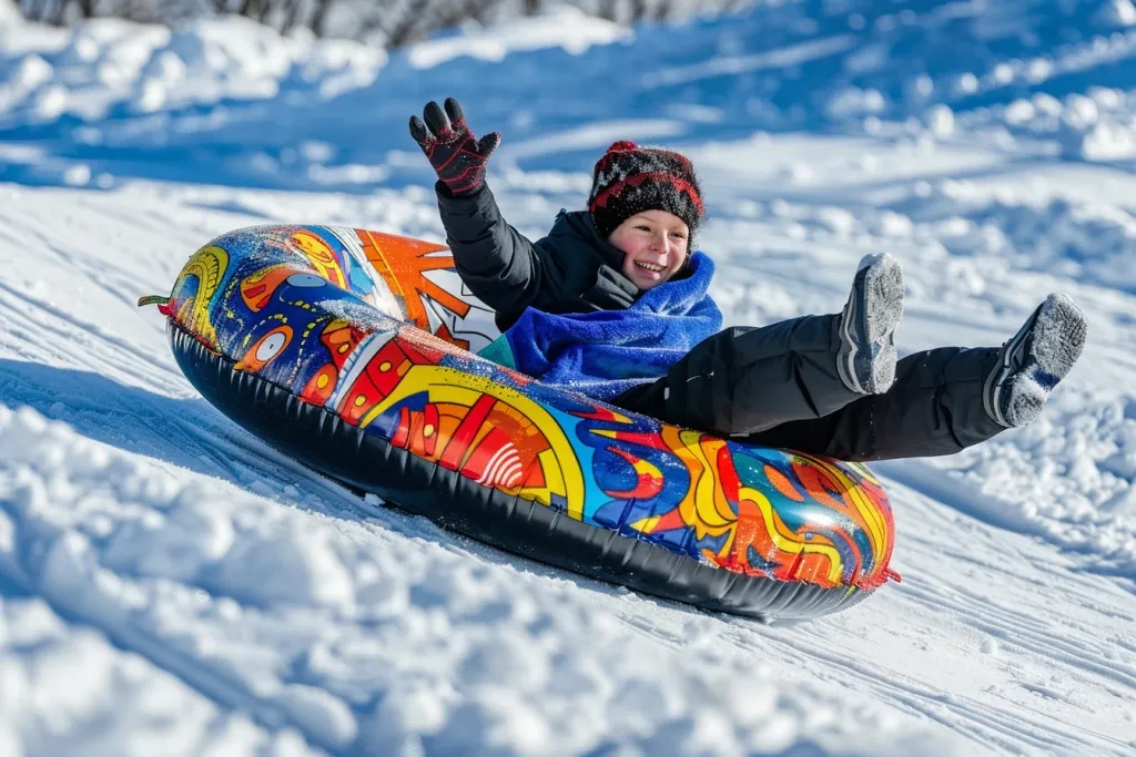 A child is sliding down the hill on an inflatable tube