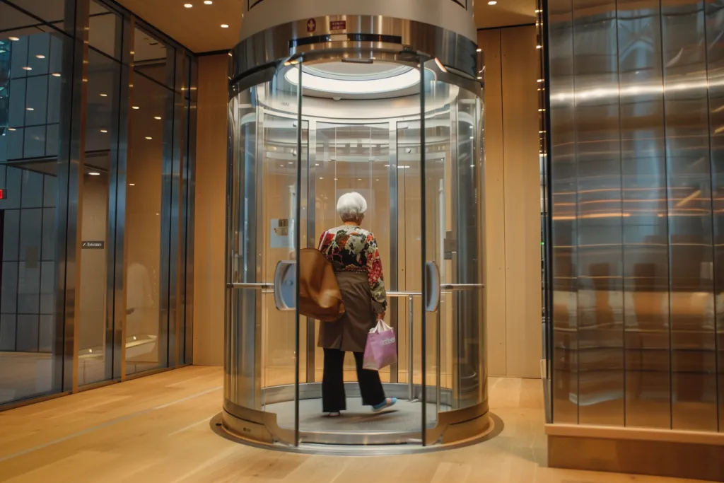 A circular glass elevator cabin in which an elderly woman is standing with her shopping bag